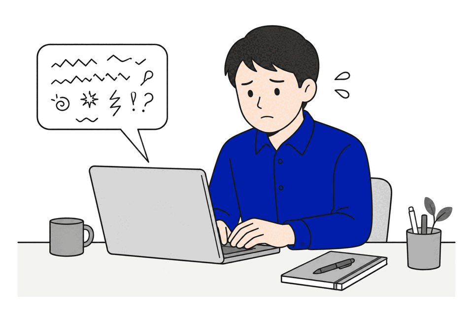 日本語のつもりでローマ字をそのまま打ってしまった画面を見て困っている人のイラスト